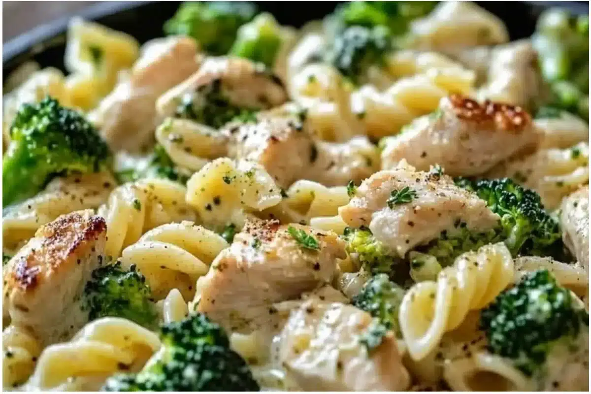 Creamy rotisserie chicken broccoli pasta served in a bowl.