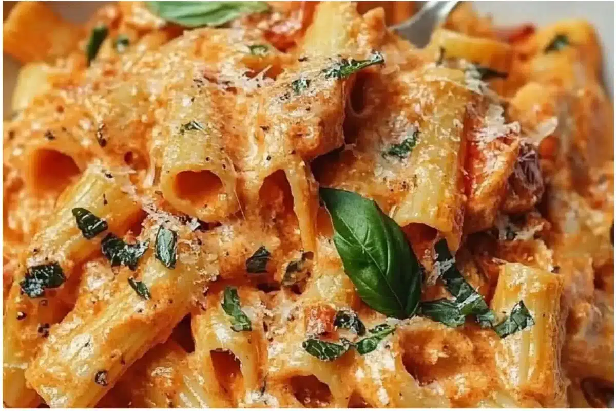 Creamy tomato garlic pasta in a bowl garnished with fresh herbs