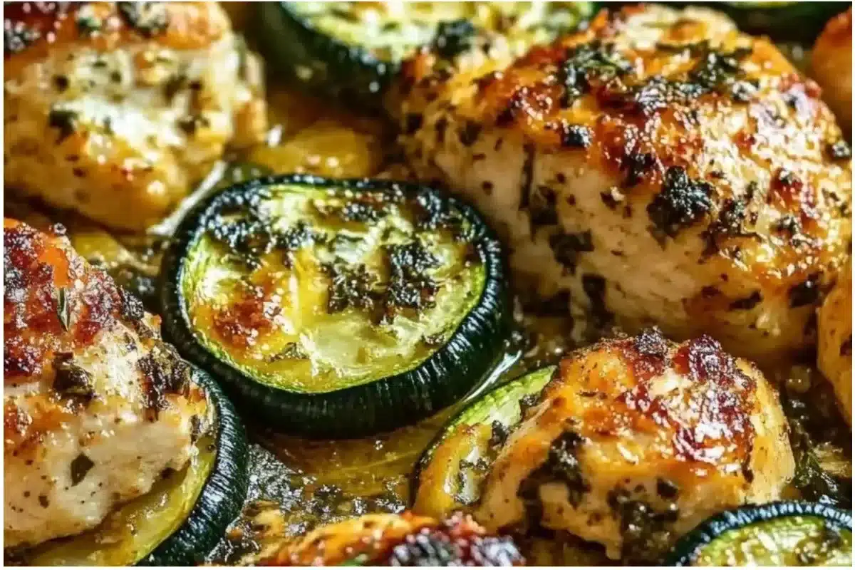 Delicious Easy Chicken Zucchini Bake with melted cheese and fresh herbs