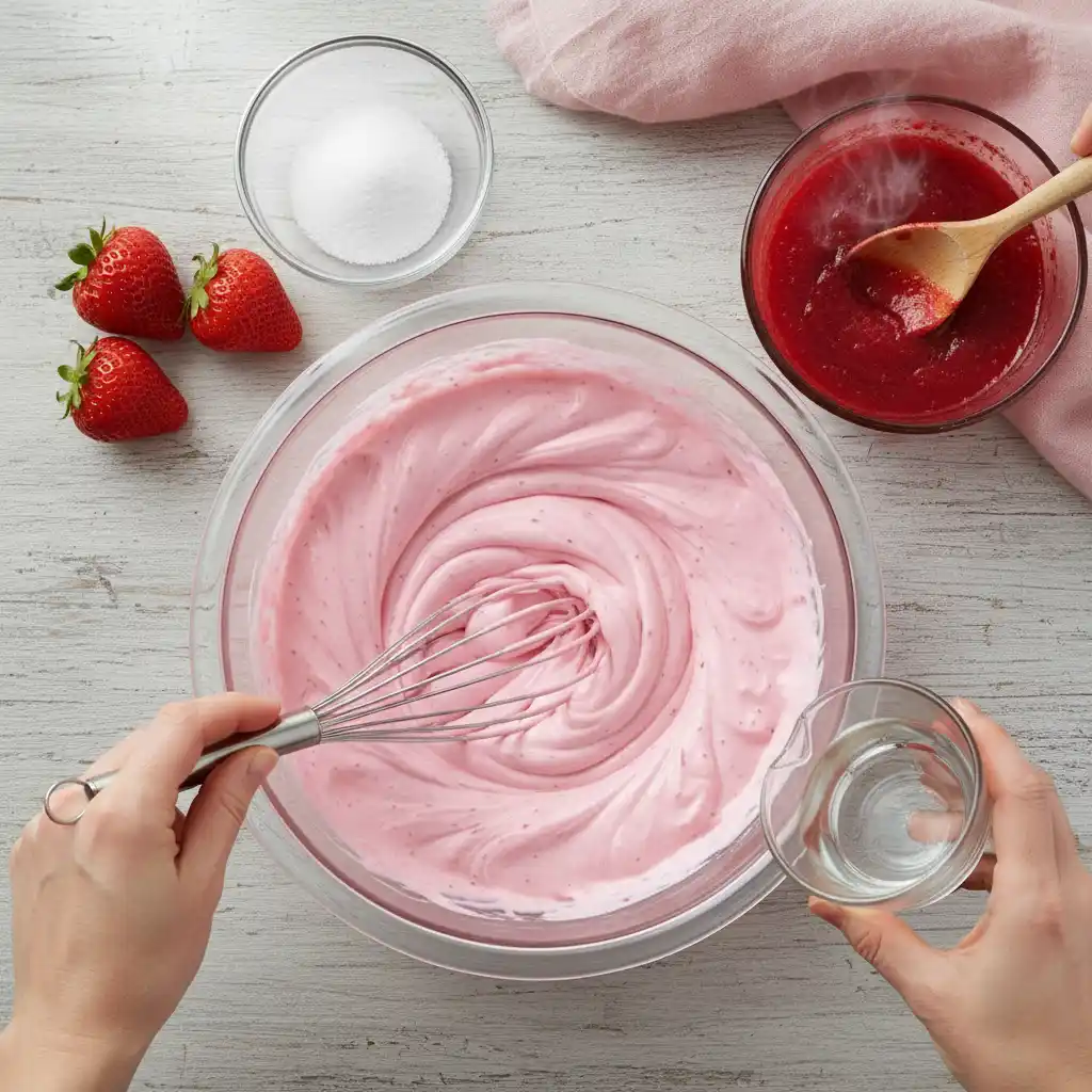 Whisking unflavored gelatin powder into hot water, stirring in strawberry puree and cold water, and gently whisking Greek yogurt into pink gelatin in a bright kitchen