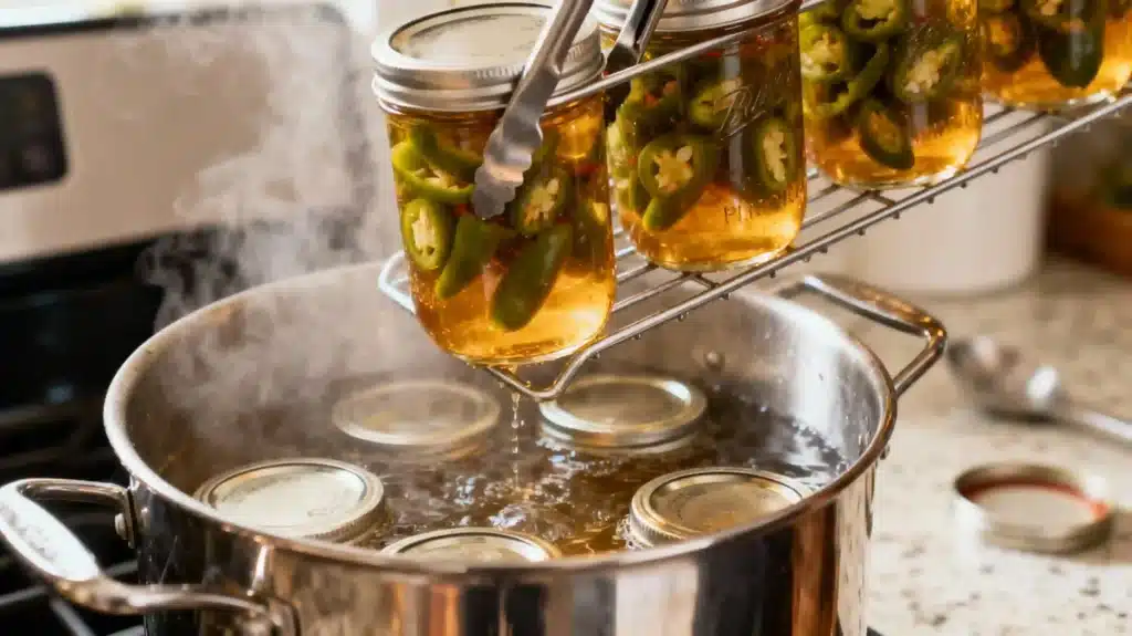 water bath canning candied jalapeños boiling jars