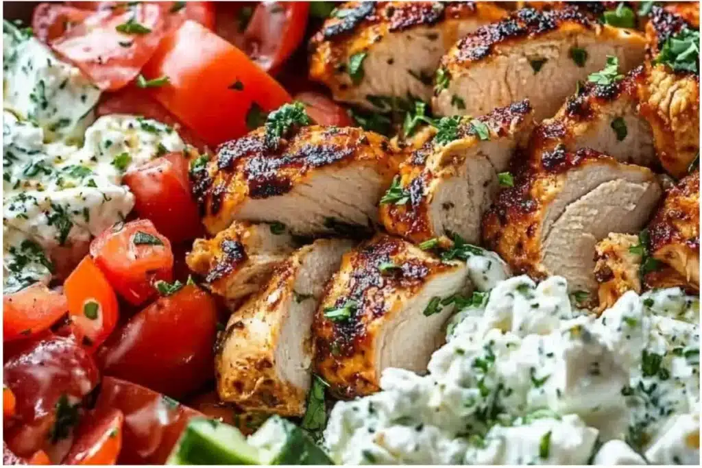 Current image: Colorful Greek Chicken Bowls with fresh vegetables and feta cheese