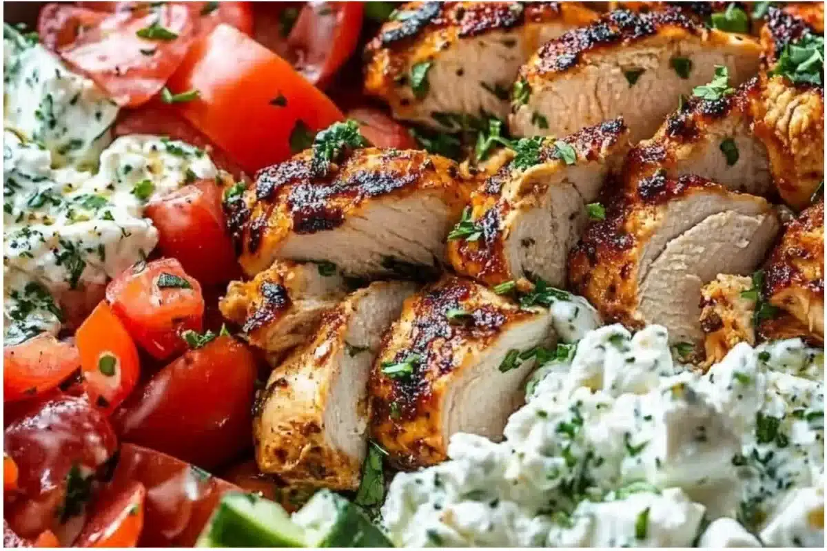 Colorful Greek Chicken Bowls with fresh vegetables and feta cheese