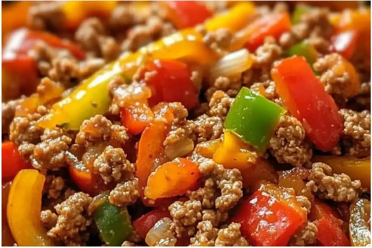 Sautéed ground turkey and colorful bell peppers in a skillet