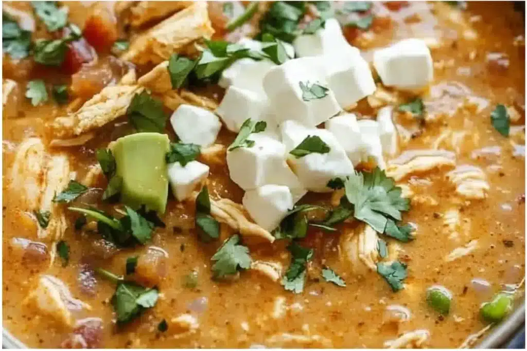 Current image: Delicious bowl of healthy high protein white chicken chili topped with cilantro