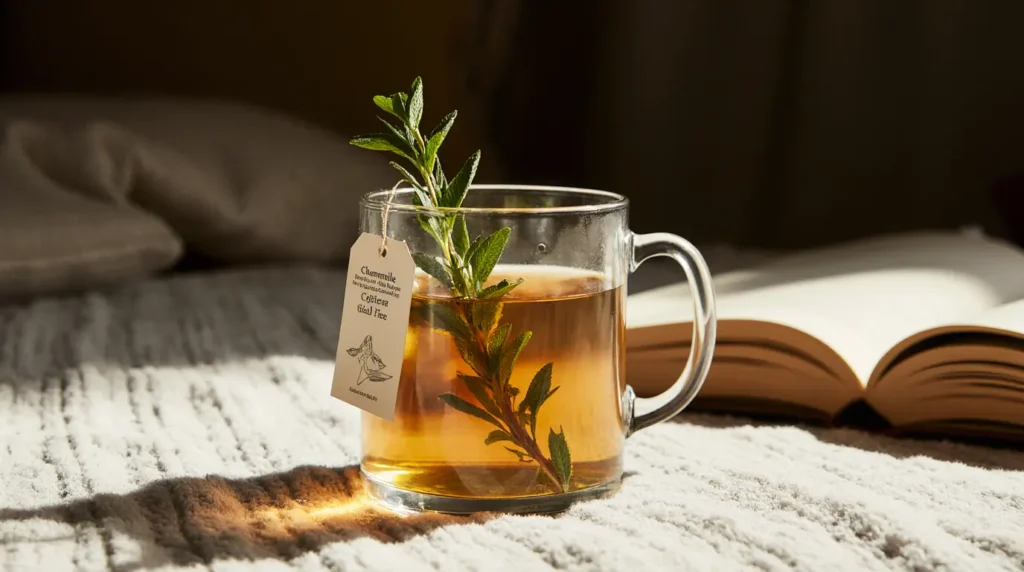 A cozy setup featuring chamomile tea and lemon balm, representing how FGO herbal blends fit into calming evening routines.