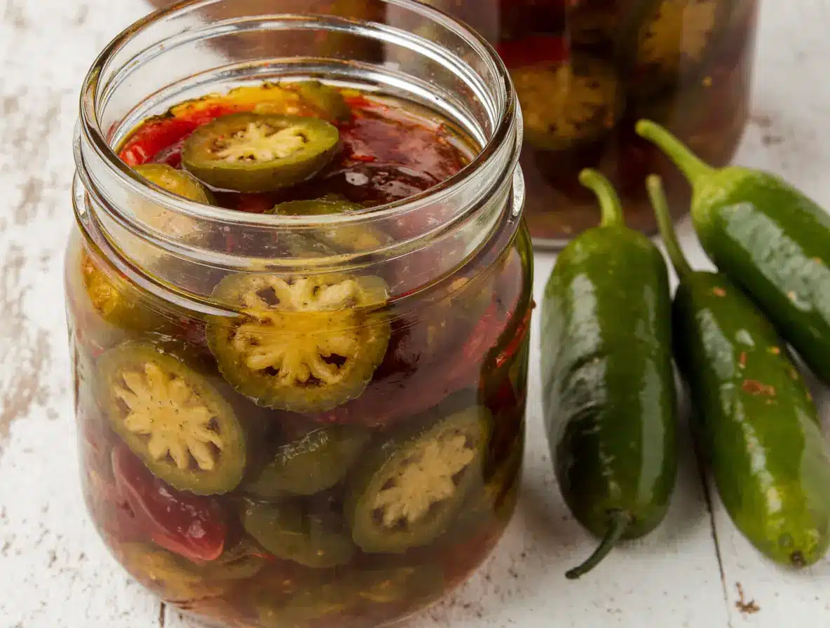 pickled candied jalapeños in golden syrup jar