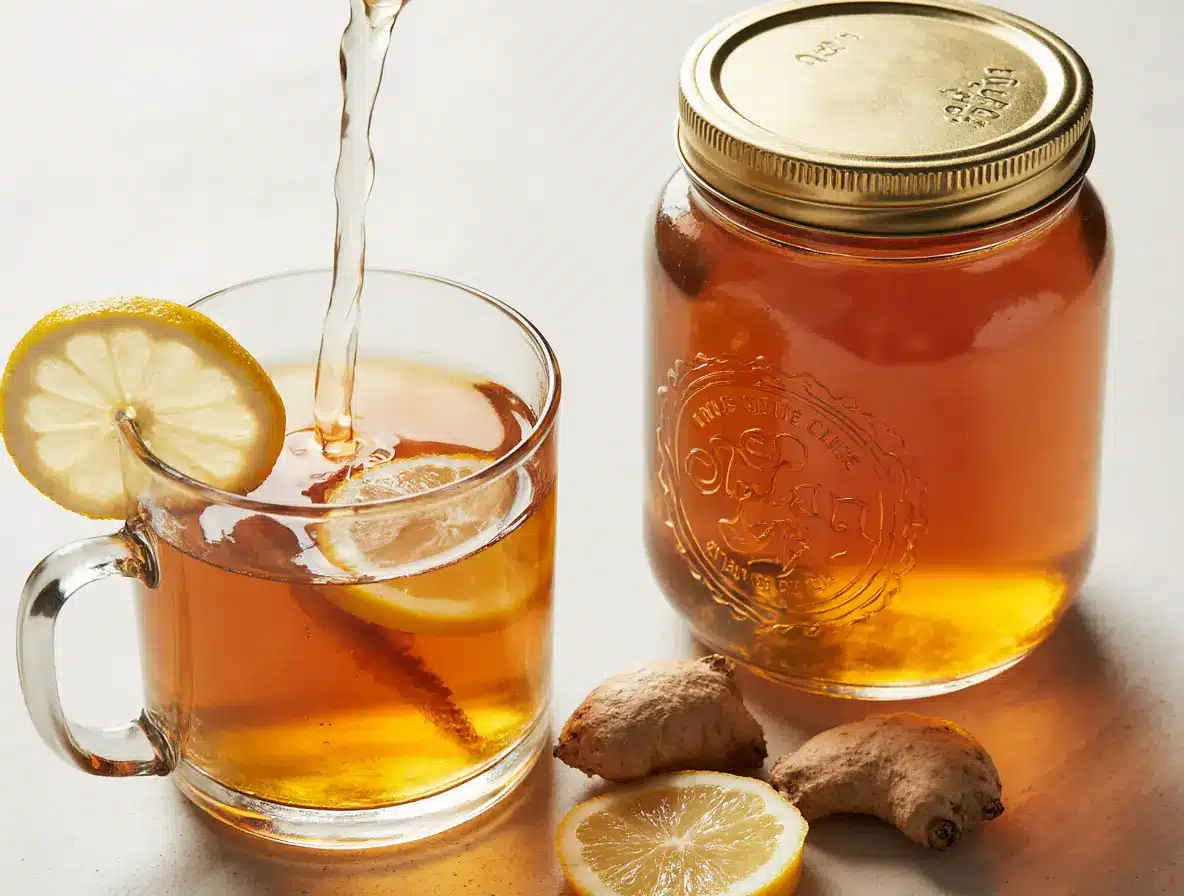 closeup of canaan honey jar with honey lemon ginger tea