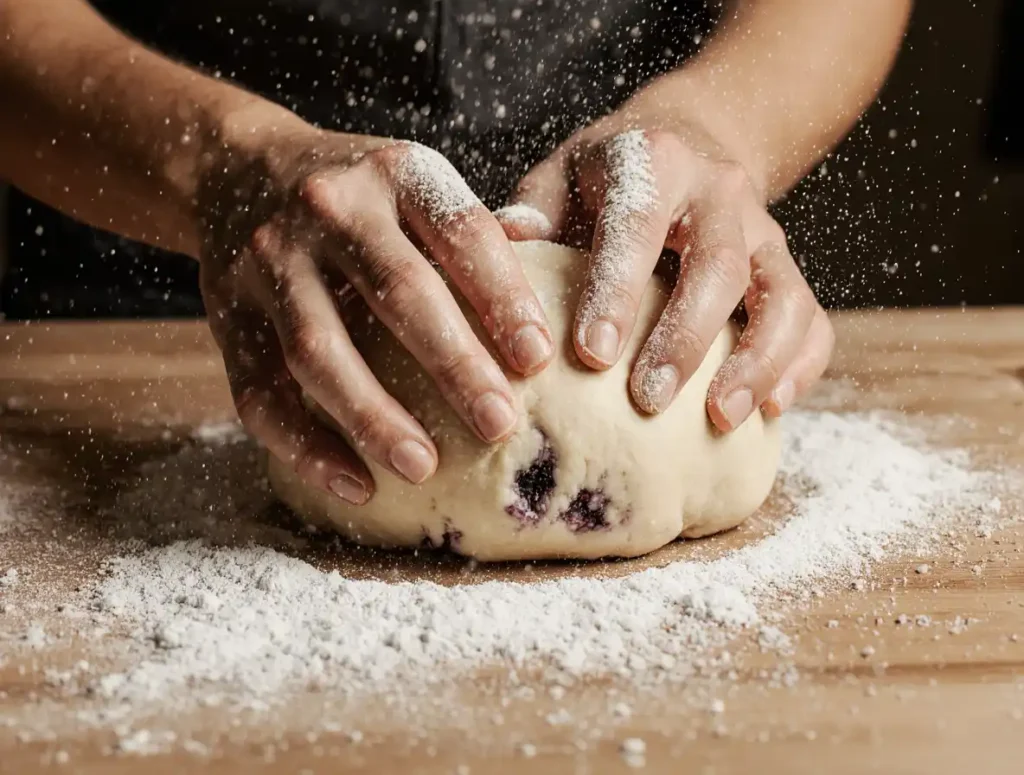 kneading dough for blueberry cinnamon rolls on floured counter