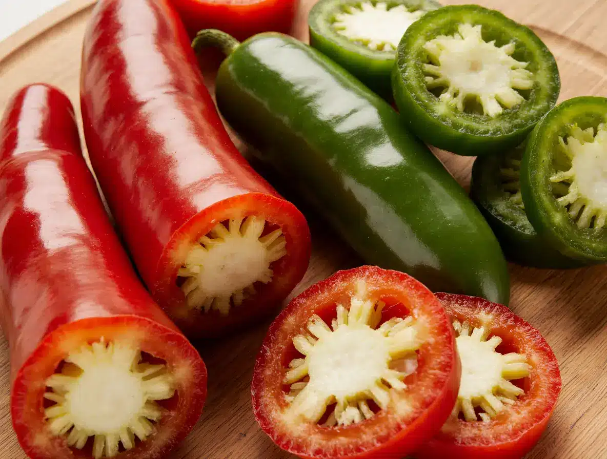 sliced sweet and spicy jalapeños on cutting board