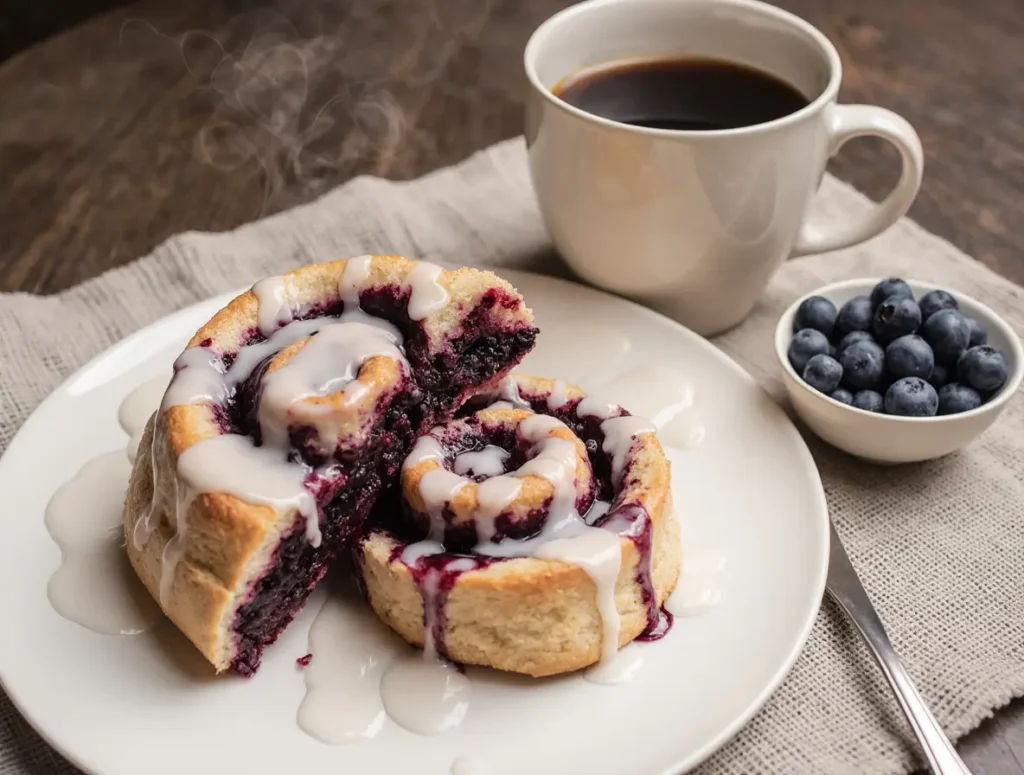 blueberry cinnamon roll served on plate with coffee