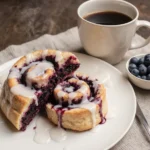 blueberry cinnamon roll served on plate with coffee