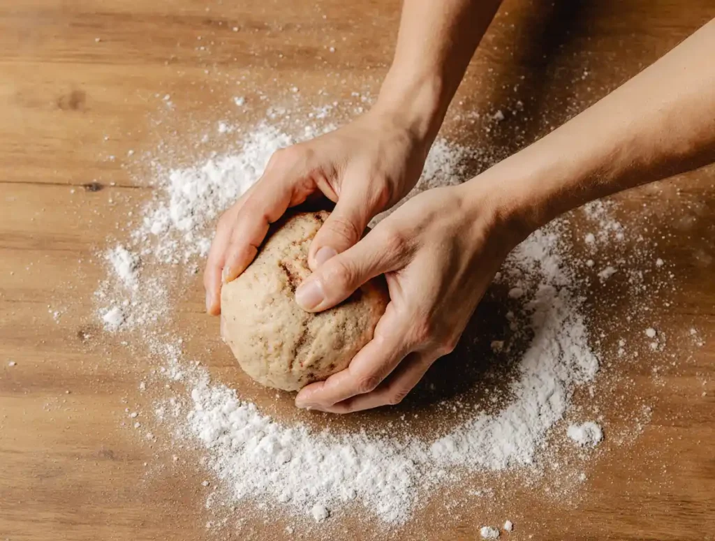 kneading dough for soft gooey homemade cinnamon rolls
