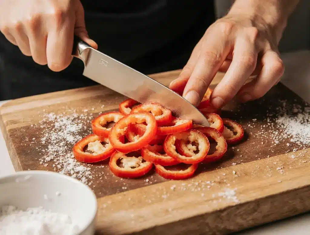 slicing red jalapeños for candied pickling
