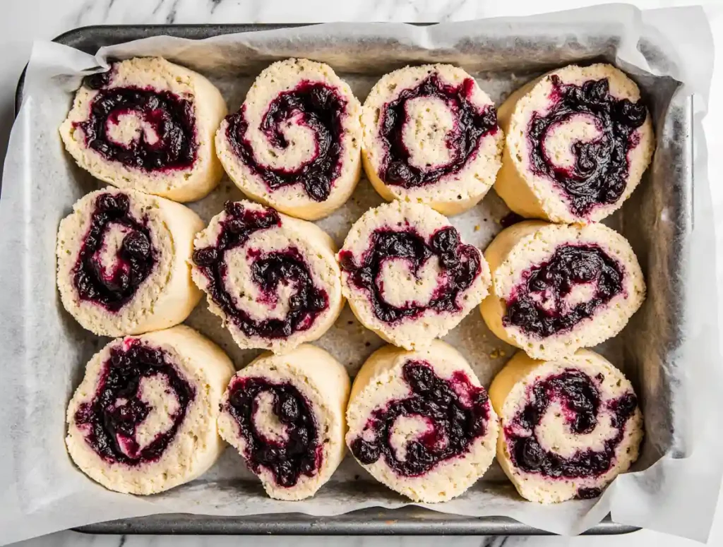 sliced blueberry cinnamon rolls in pan before baking