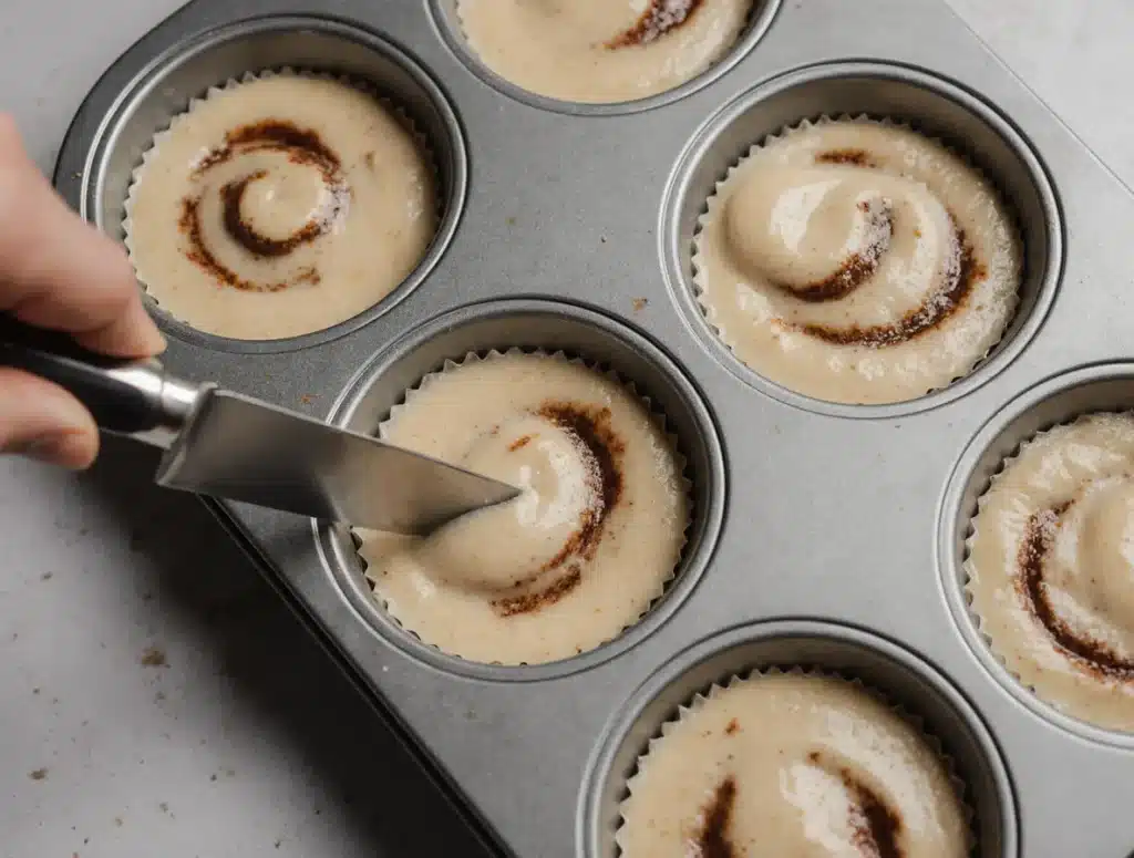 Swirling cinnamon in easy cinnamon roll muffin recipe