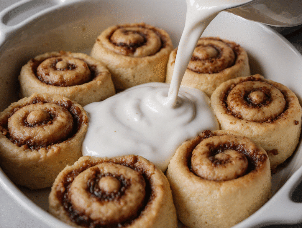 Viral-TikTok-Cinnamon-Rolls-Heavy-Cream: Gooey Shortcut Hack Everyone Loves 9 Pouring heavy cream around TikTok cinnamon rolls