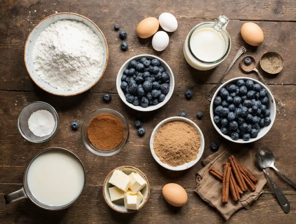 ingredients for blueberry cinnamon rolls on wooden table