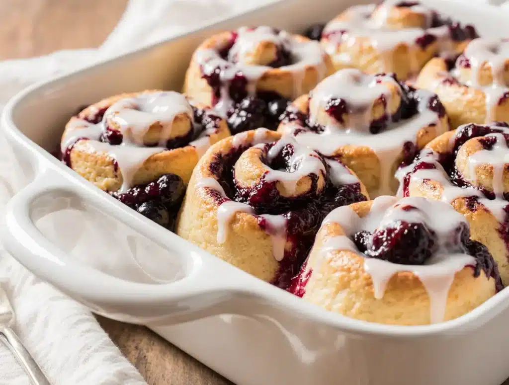 blueberry cinnamon rolls in pan with cream cheese icing