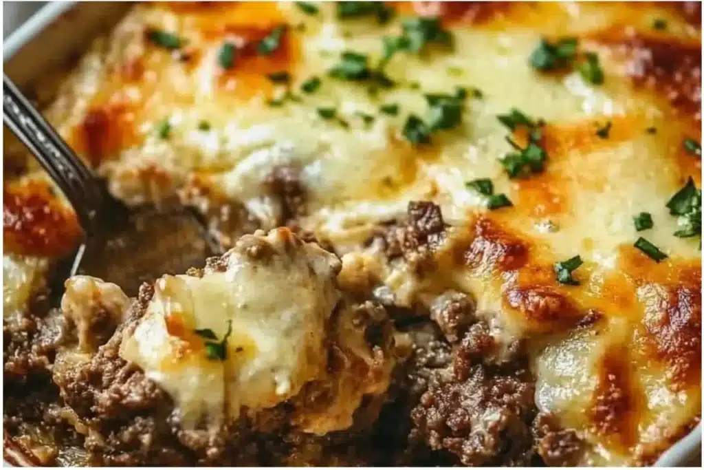 Low Carb Philly Cheesesteak Casserole 3 Current image: Low Carb Philly Cheesesteak Casserole fresh out of the oven