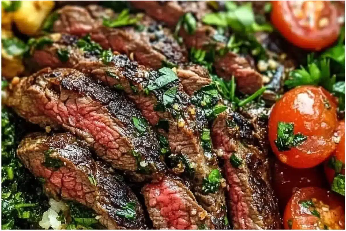Mediterranean steak bowl with fresh vegetables and herbs