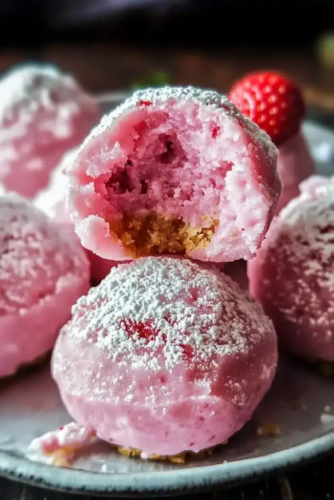 Current image: Delicious no-bake strawberry cheesecake bites on a plate.