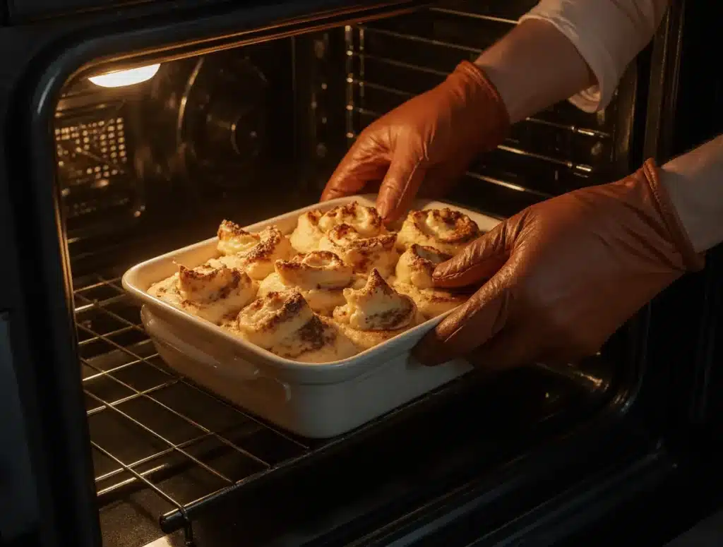  Baked cinnamon-roll-breakfast-casserole coming out of oven