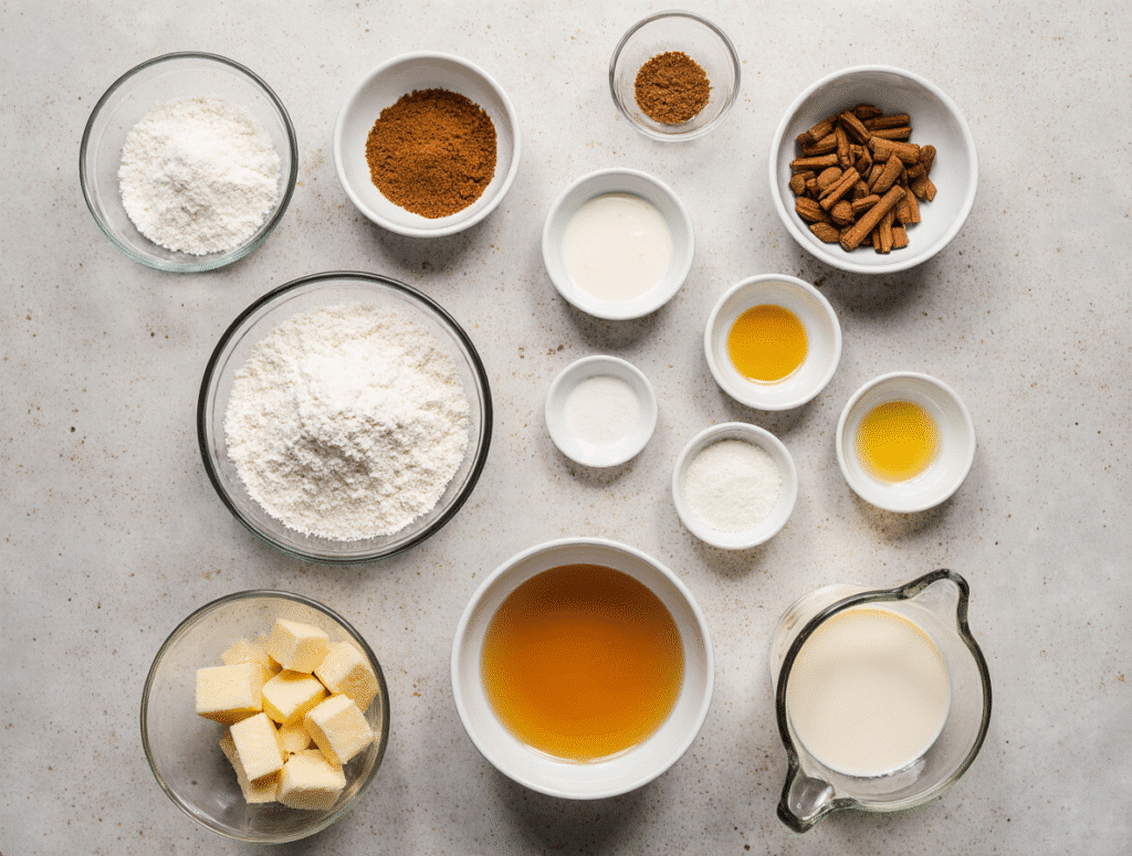 overhead flatlay of ingredients for no-knead-cinnamon-rolls, bowls of flour, yeast, sugar, melted butter, warm milk, eggs, brown sugar and cinnamon, plus a small pitcher of heavy cream, arranged on a light stone surface, bright natural light, styled for food blog, 8k --ar 16:9 --v 6