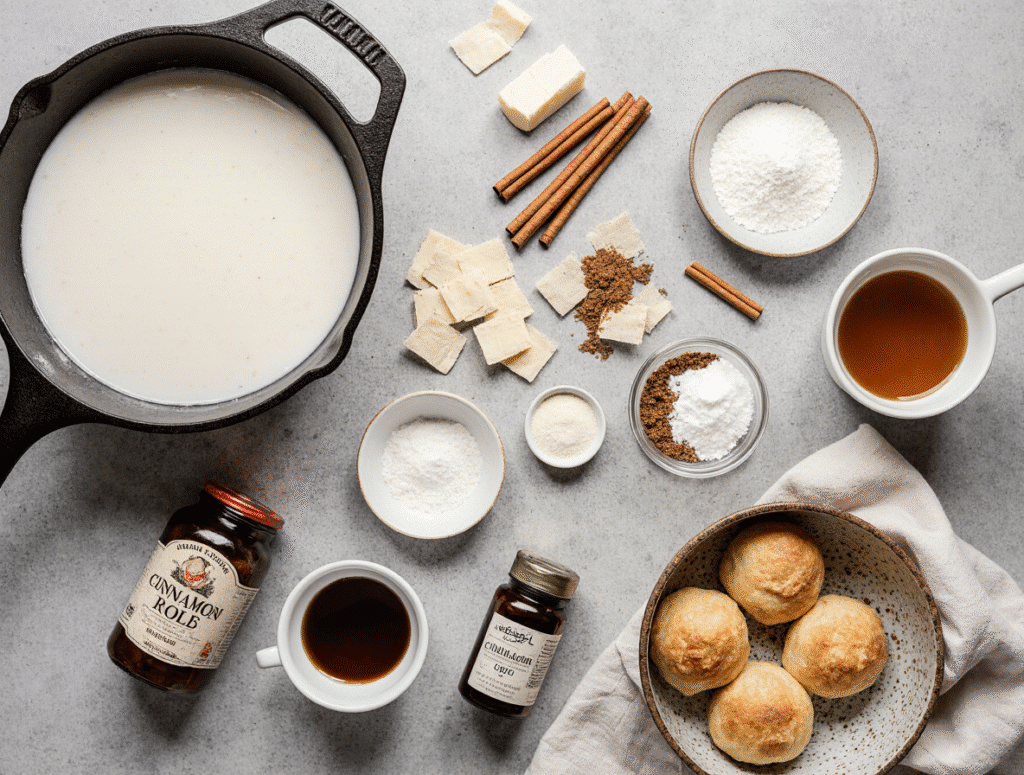 Pioneer-Womans-Cinnamon-Rolls: A Legendary Holiday Tradition 8 overhead flatlay of ingredients for pioneer womans cinnamon rolls large pot of warm milk bowls of s rr2mdvrw4i1ksr446jbx 1