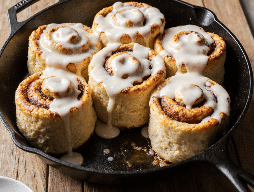 No-knead-cinnamon-rolls in a pan with melting icing