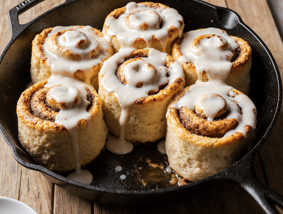 No-knead-cinnamon-rolls in a pan with melting icing