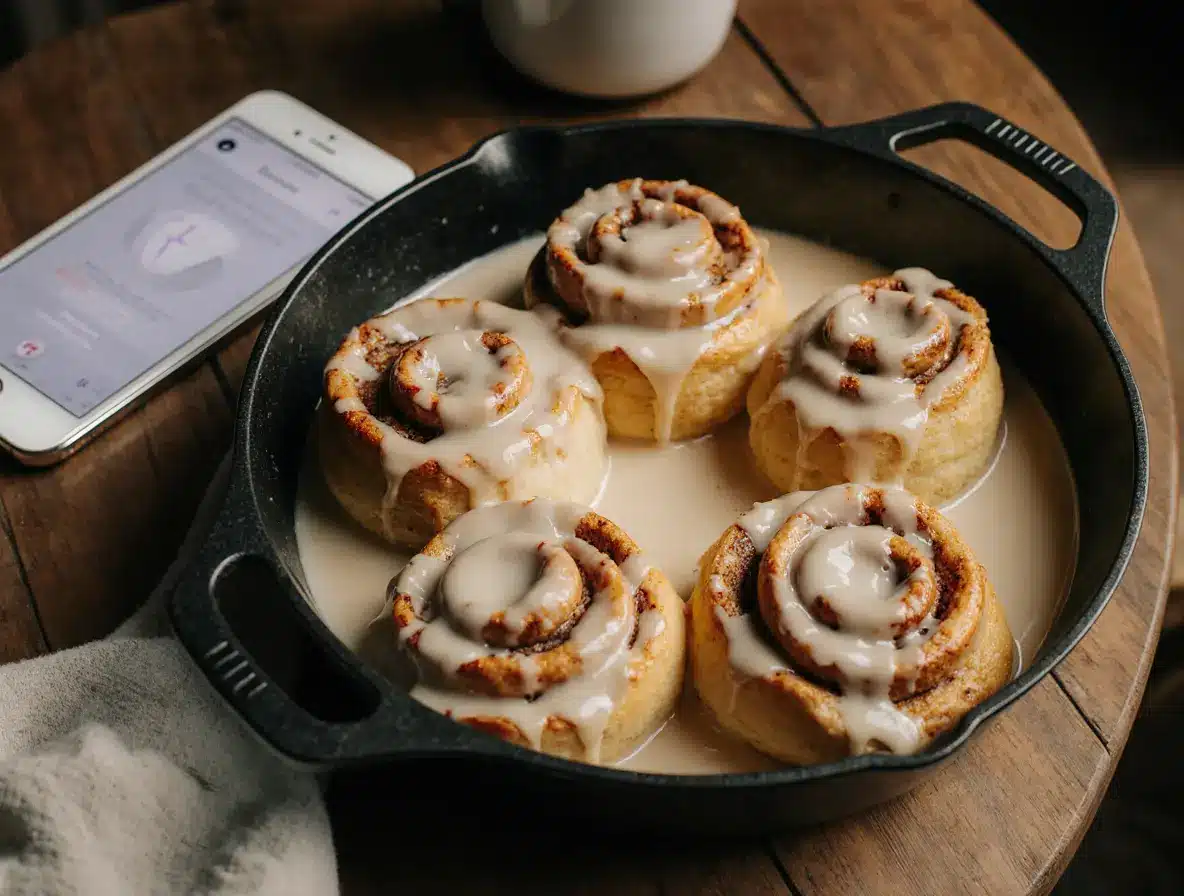 Viral-TikTok-cinnamon-rolls-heavy-cream in a pan