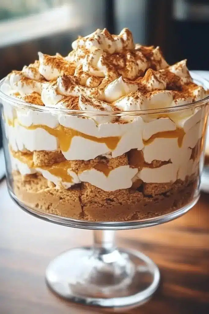 Current image: Delicious pumpkin spice trifle layered with cream and spices.