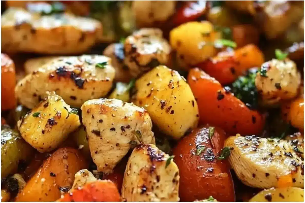 Quick and healthy chicken skillet dish served with vibrant vegetables.