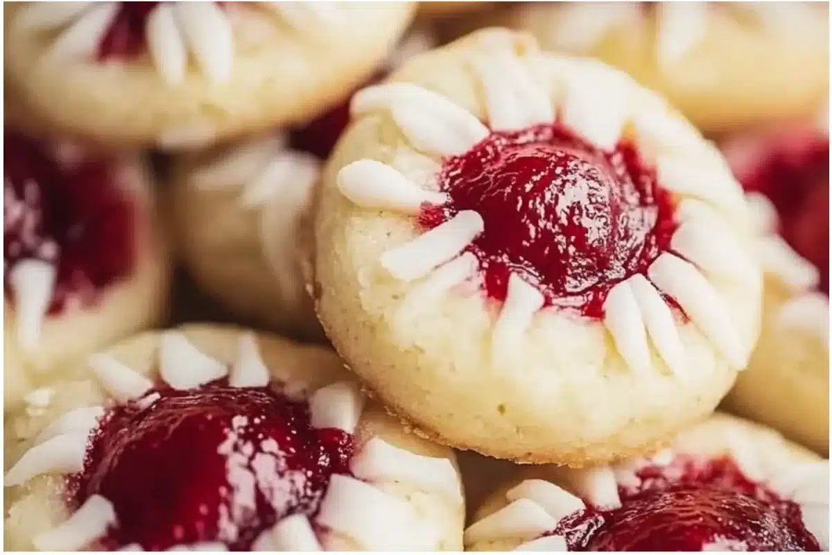 Delicious raspberry almond thumbprint cookies on a wooden plate