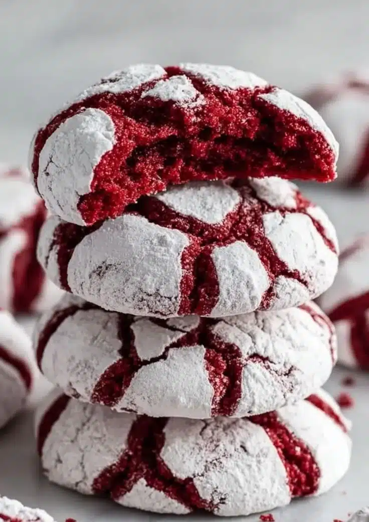 Delicious Red Velvet Crinkle Cookies dusted with powdered sugar on a plate