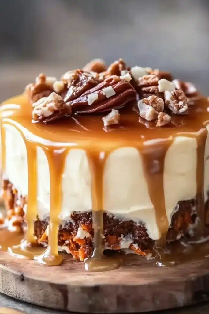 Current image: Salted Caramel Carrot Dream Cake topped with caramel drizzle and walnuts