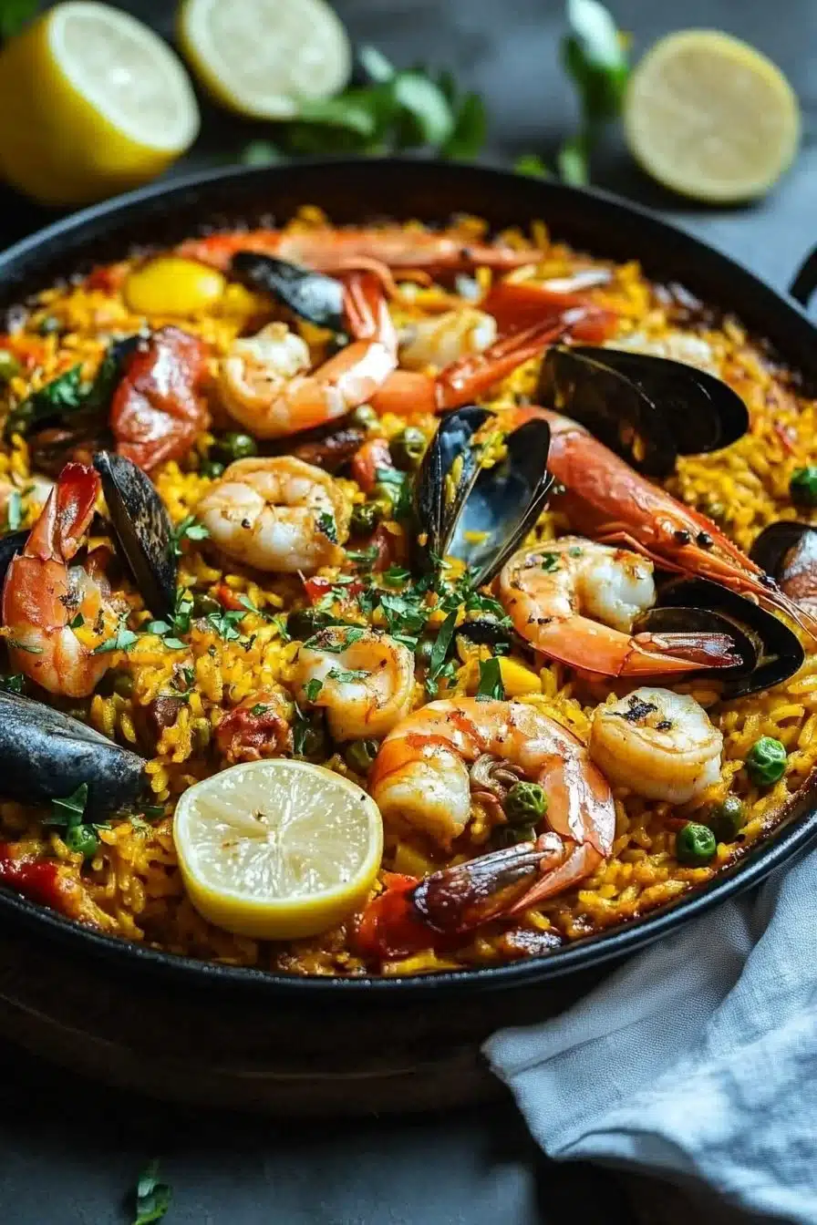 Delicious seafood paella featuring shrimp, mussels, and saffron rice.