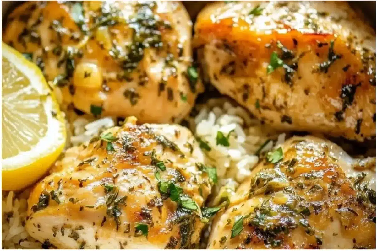 Slow Cooker Lemon Herb Chicken served with fluffy rice on a plate