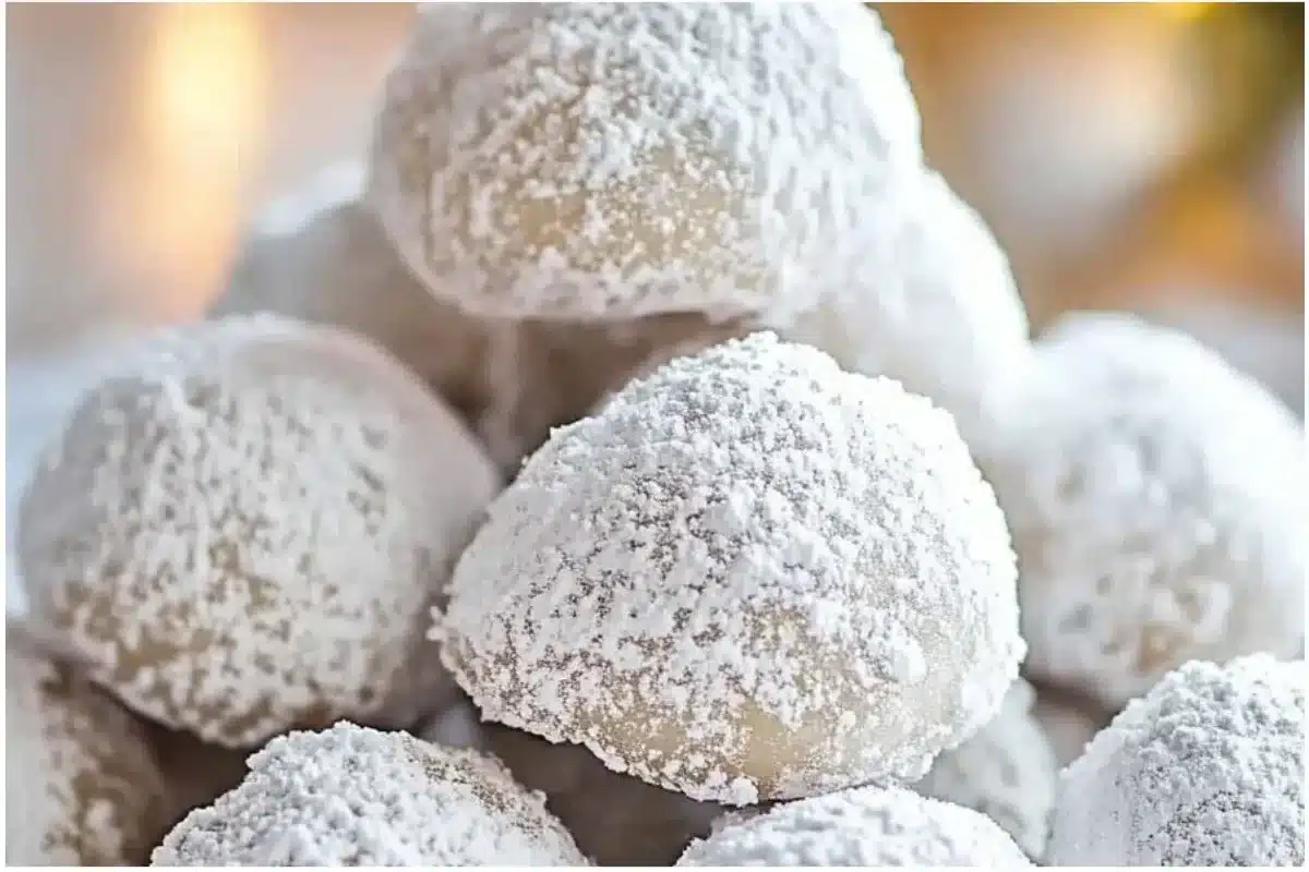 Plate of freshly baked Snowball Cookies dusted with powdered sugar