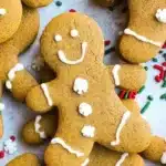Soft and chewy gingerbread men cookies decorated with icing