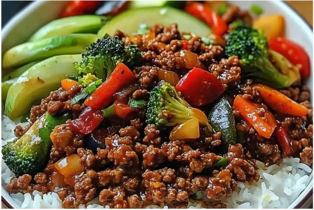 Current image: Spicy ground beef stir-fry bowl with garlic vegetables and rice