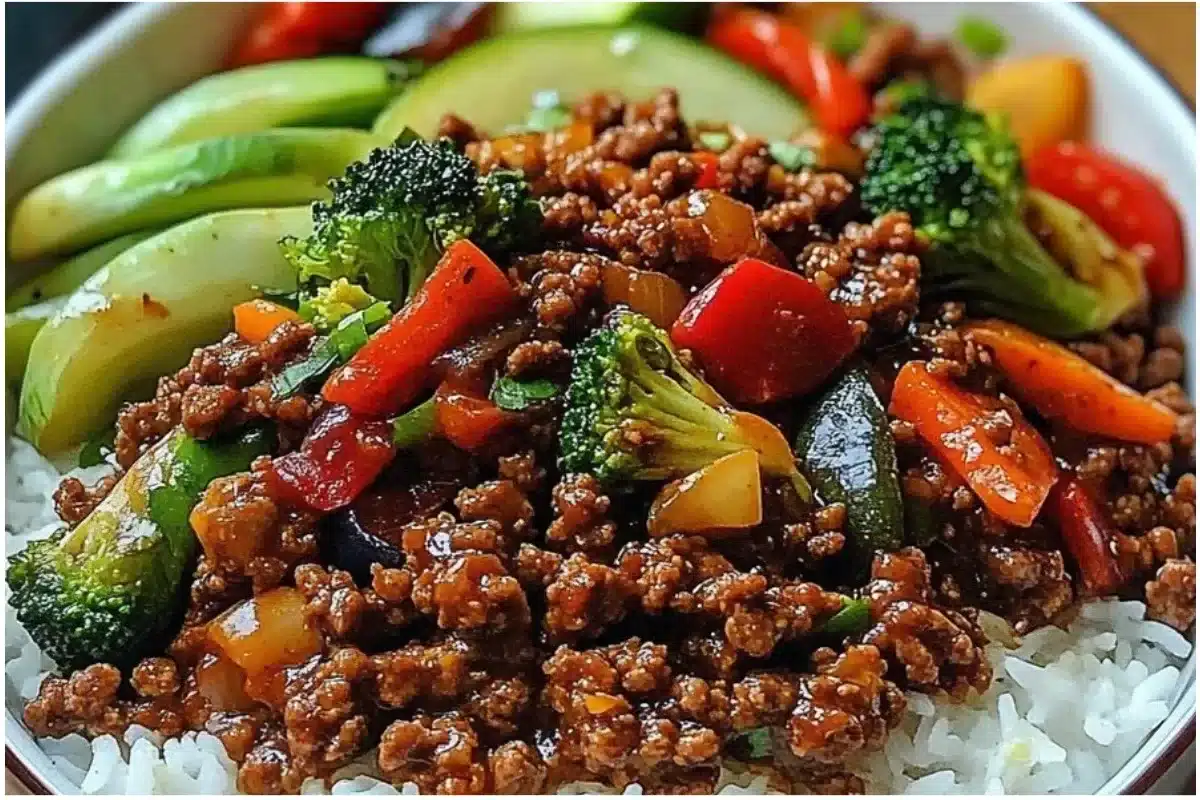 Spicy ground beef stir-fry bowl with garlic vegetables and rice