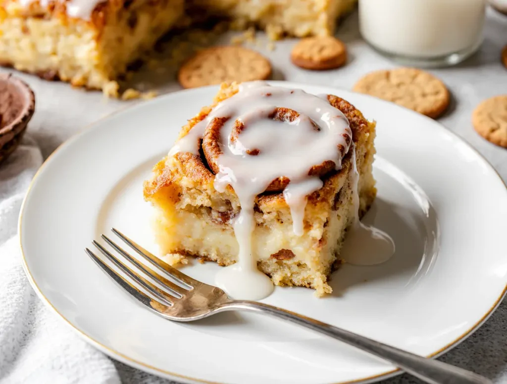 Slice of cinnamon-roll-breakfast-casserole on plate