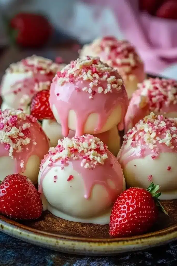 Current image: Strawberry shortcake cheesecake truffles displaying creamy texture and fresh strawberries