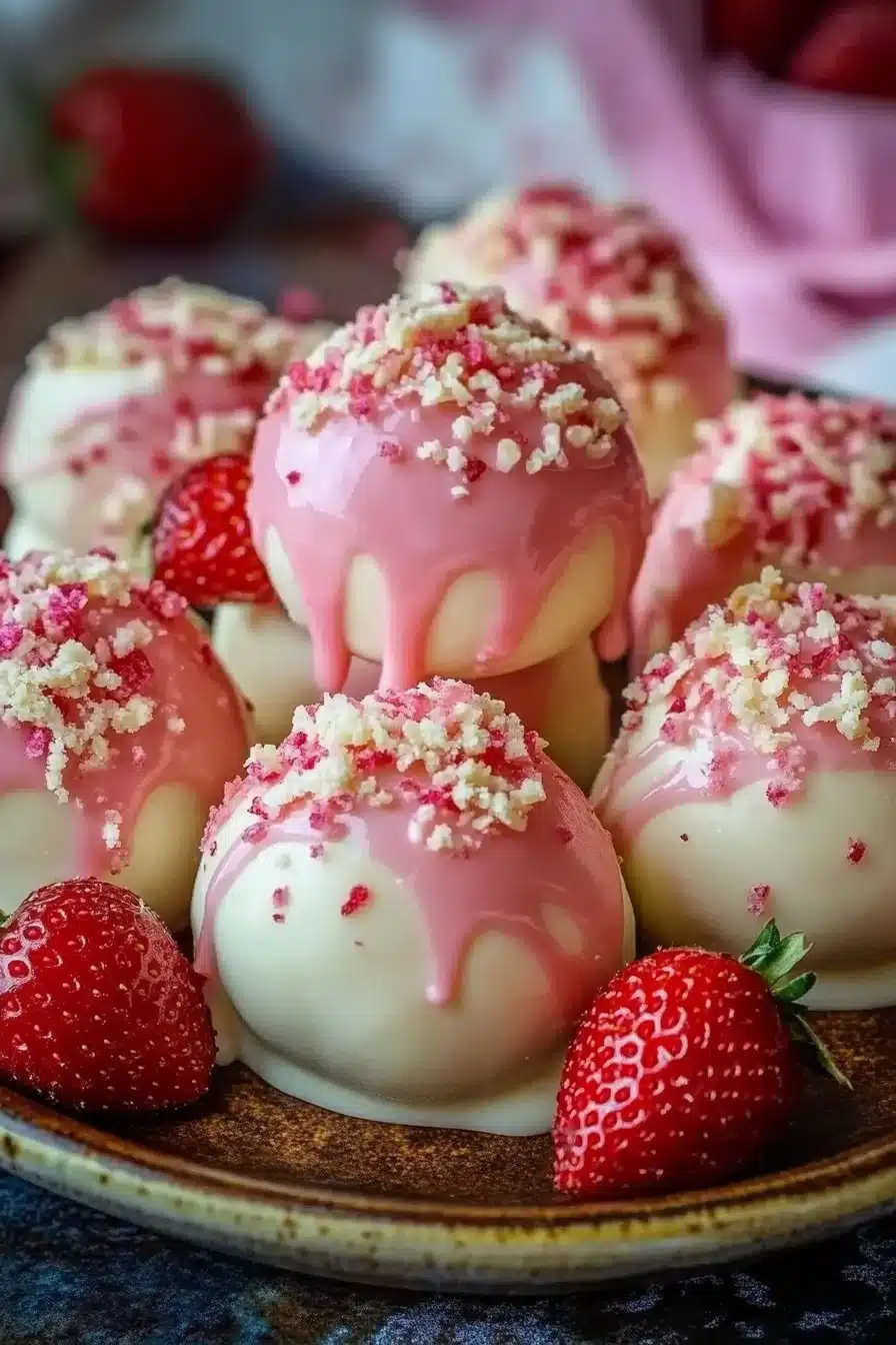Strawberry shortcake cheesecake truffles displaying creamy texture and fresh strawberries