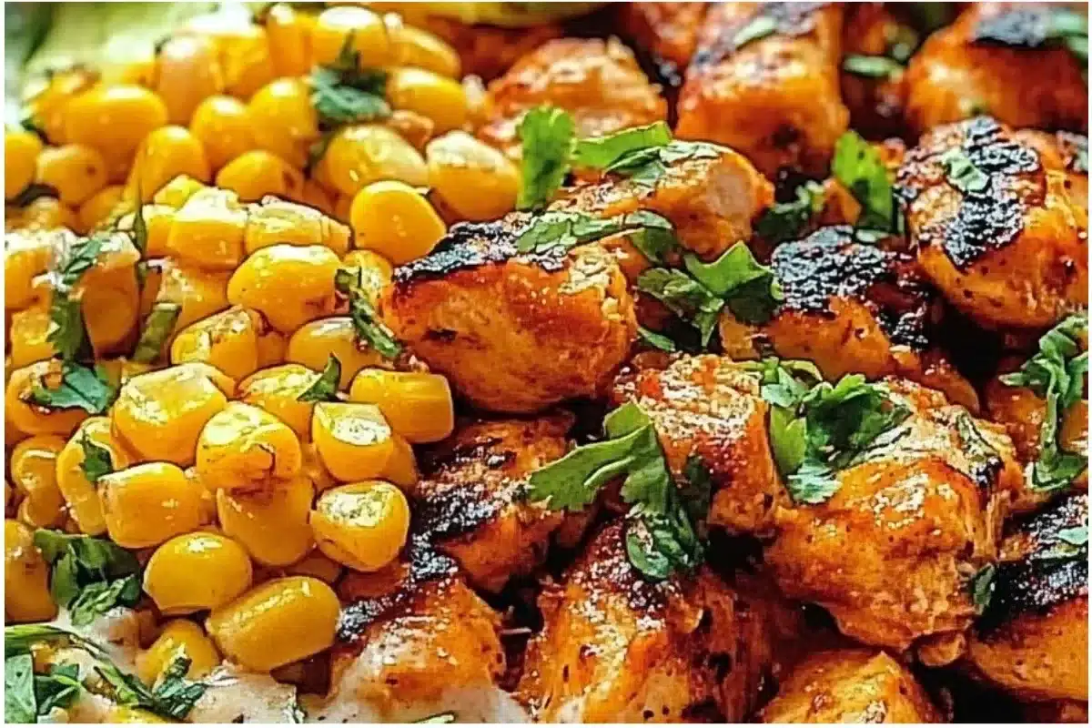 Delicious street corn chicken bowl with chicken, corn, and fresh toppings