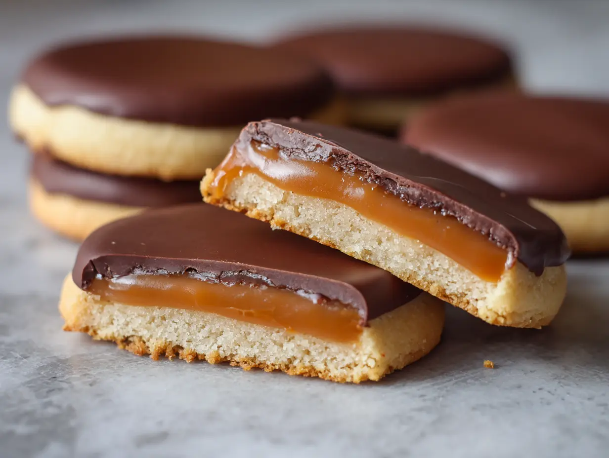 Homemade Twix Cookies with chocolate and caramel layers on a cookie base
