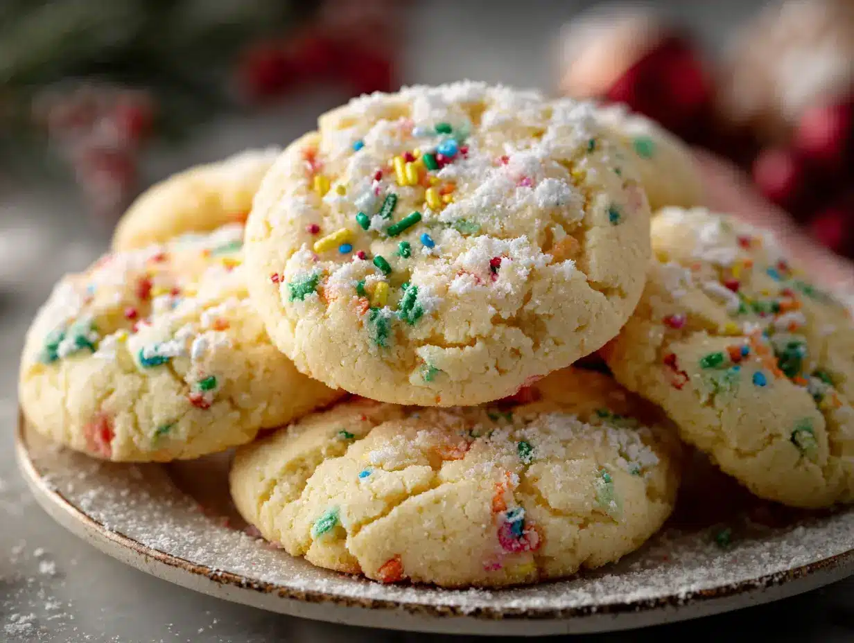 Delicious Christmas Gooey Butter Cookies decorated for the holiday season.