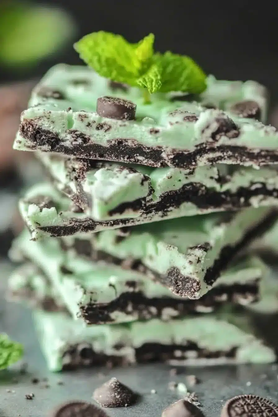 Delicious 4-ingredient Mint Oreo Bark drizzled with chocolate and topped with Oreos.